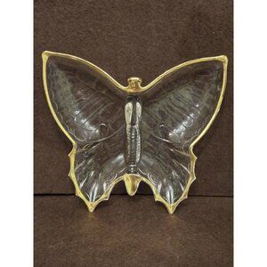 Vintage Jeanette Glass Divided Butterfly Dish w/gold trim for candy nuts trinket